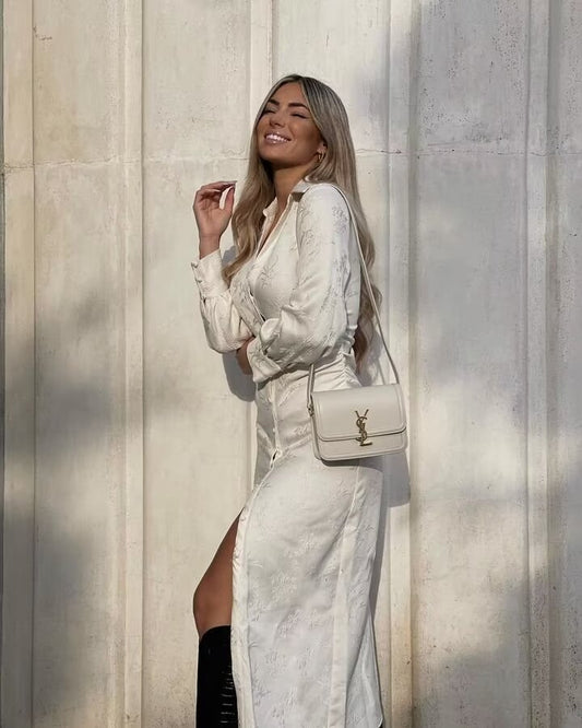 Cream Button-Up Satin Midi Dress