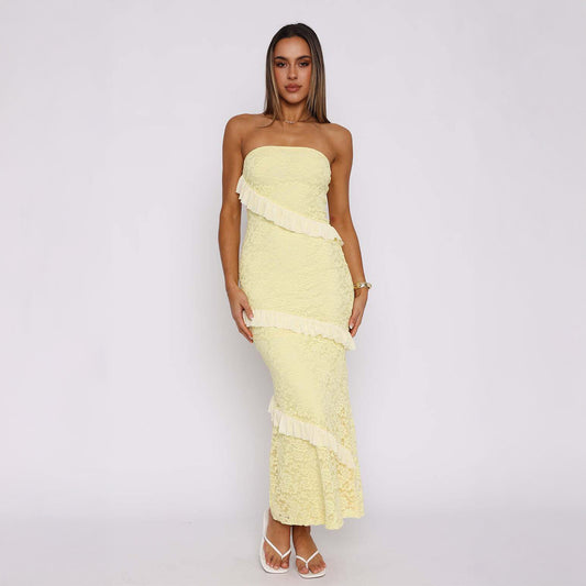 Strapless Lace Frill Midi Dress