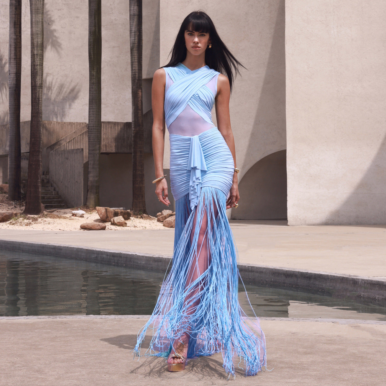 Sculpted Waist Fringe Hem Gown